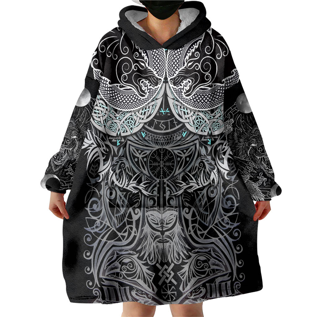 Viking Odin Ravens Wolves Vegvisir Wearable Blanket Hoodie Nordic Knotwork Mythology Engraving Style