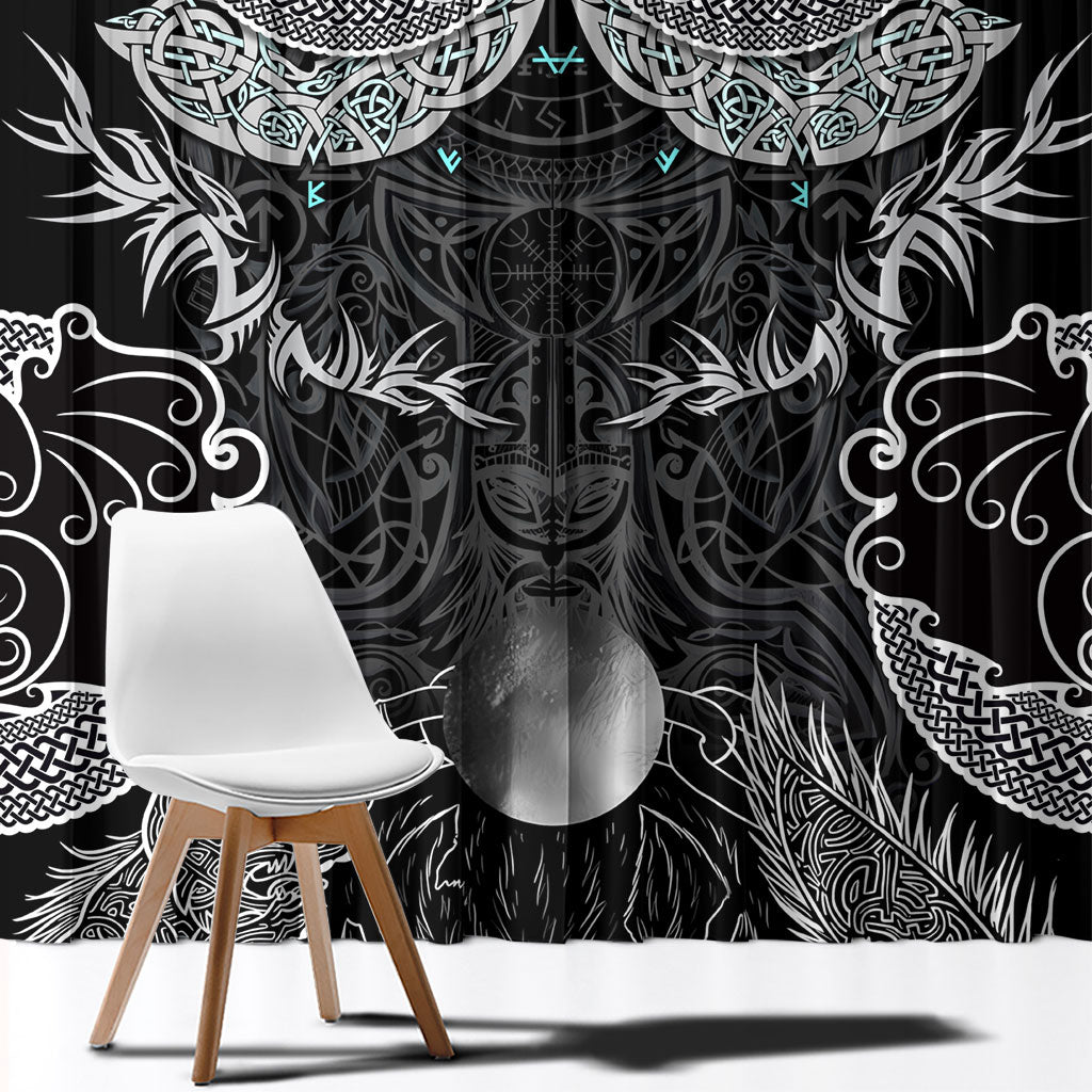 Viking Odin Ravens Wolves Vegvisir Window Curtain Nordic Knotwork Mythology Engraving Style