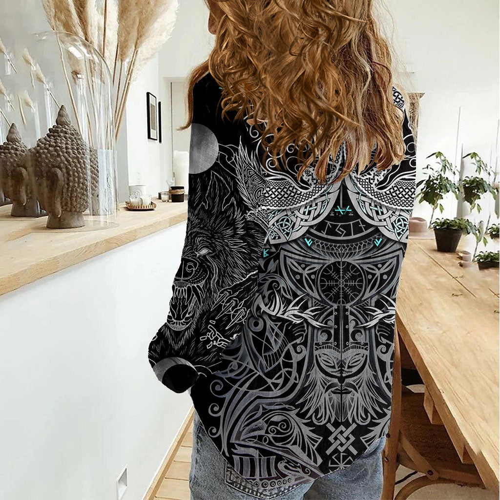 Viking Odin Ravens Wolves Vegvisir Women Casual Shirt Nordic Knotwork Mythology Engraving Style
