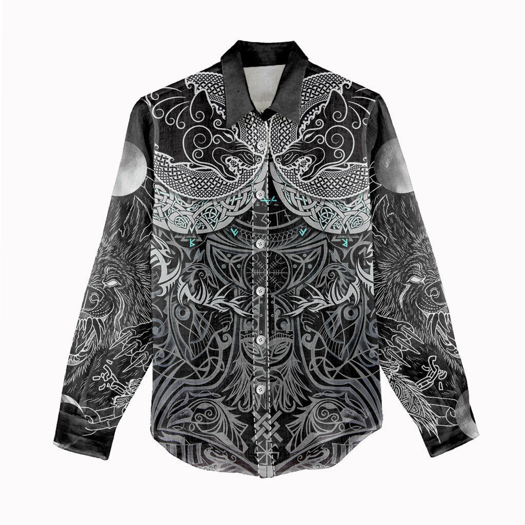 Viking Odin Ravens Wolves Vegvisir Women Casual Shirt Nordic Knotwork Mythology Engraving Style