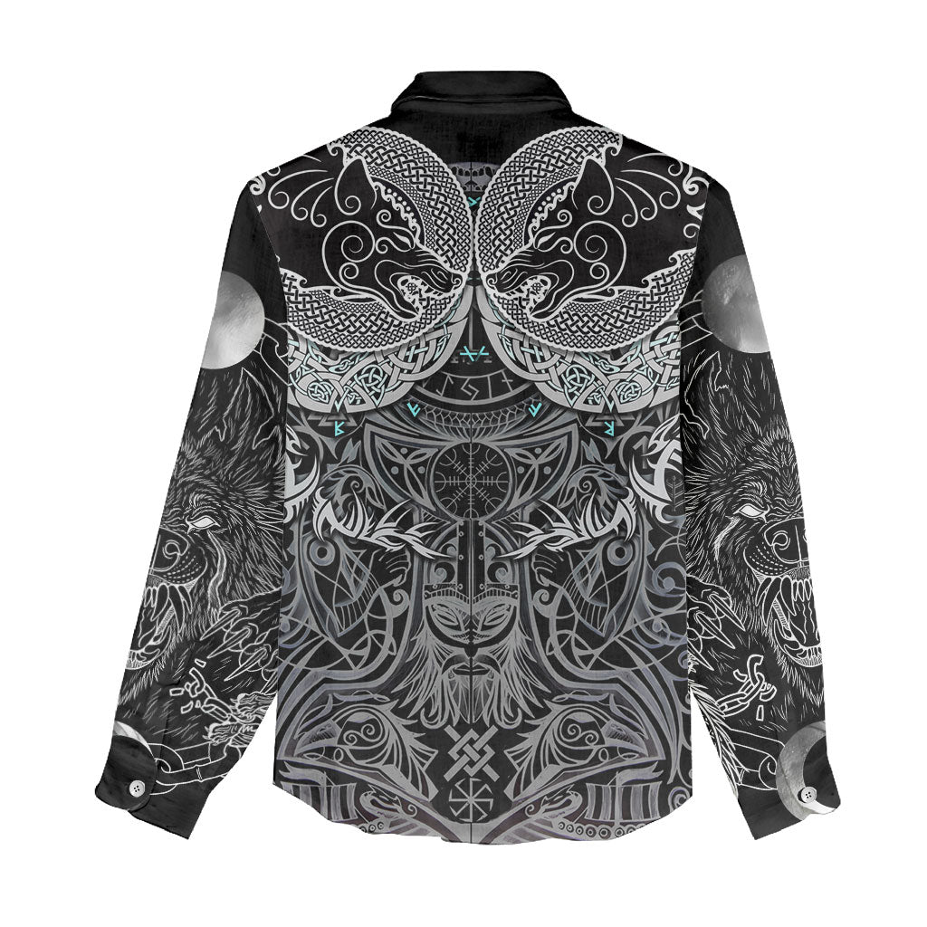 Viking Odin Ravens Wolves Vegvisir Women Casual Shirt Nordic Knotwork Mythology Engraving Style