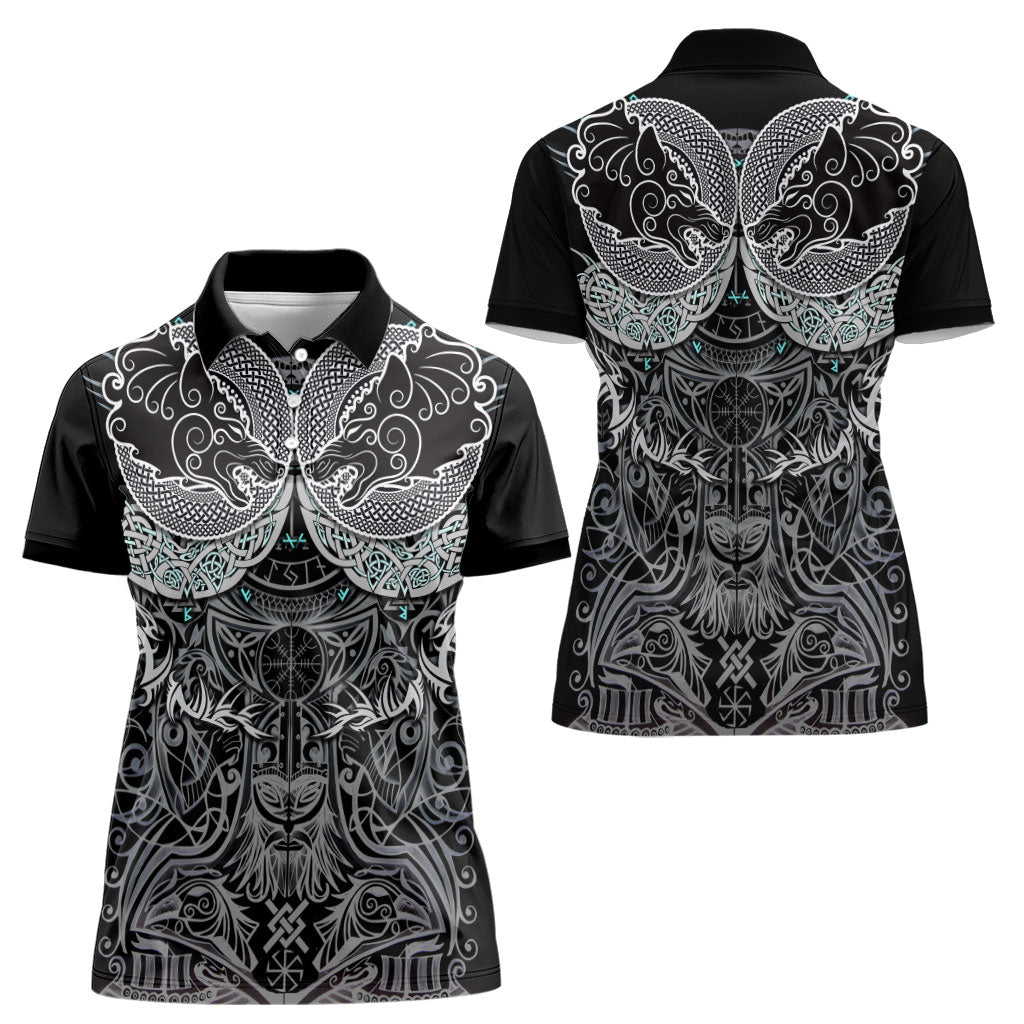 Viking Odin Ravens Wolves Vegvisir Women Polo Shirt Nordic Knotwork Mythology Engraving Style