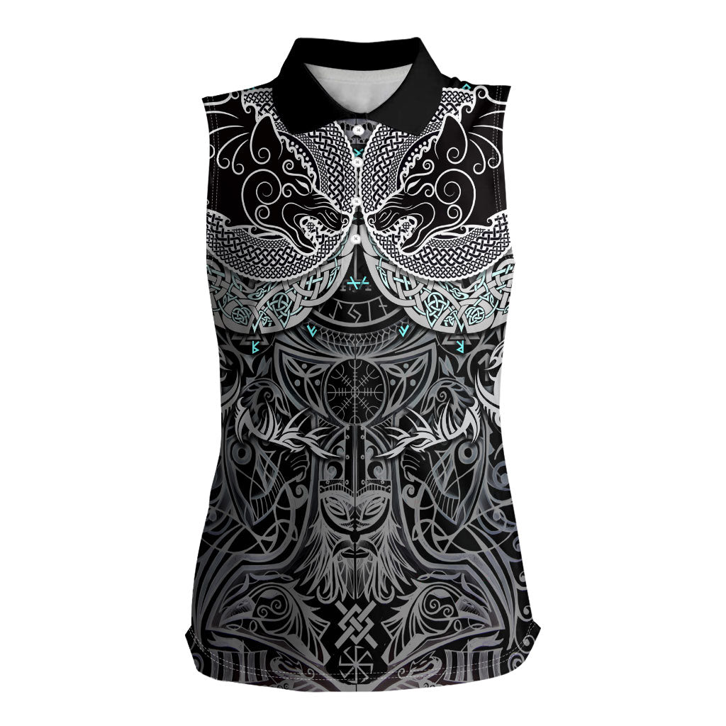 Viking Odin Ravens Wolves Vegvisir Women Sleeveless Polo Shirt Nordic Knotwork Mythology Engraving Style
