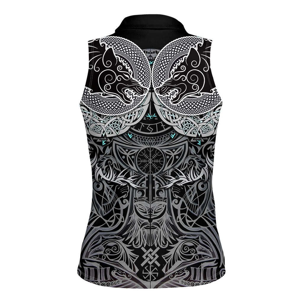 Viking Odin Ravens Wolves Vegvisir Women Sleeveless Polo Shirt Nordic Knotwork Mythology Engraving Style