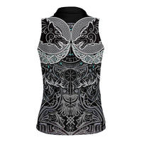 Viking Odin Ravens Wolves Vegvisir Women Sleeveless Polo Shirt Nordic Knotwork Mythology Engraving Style