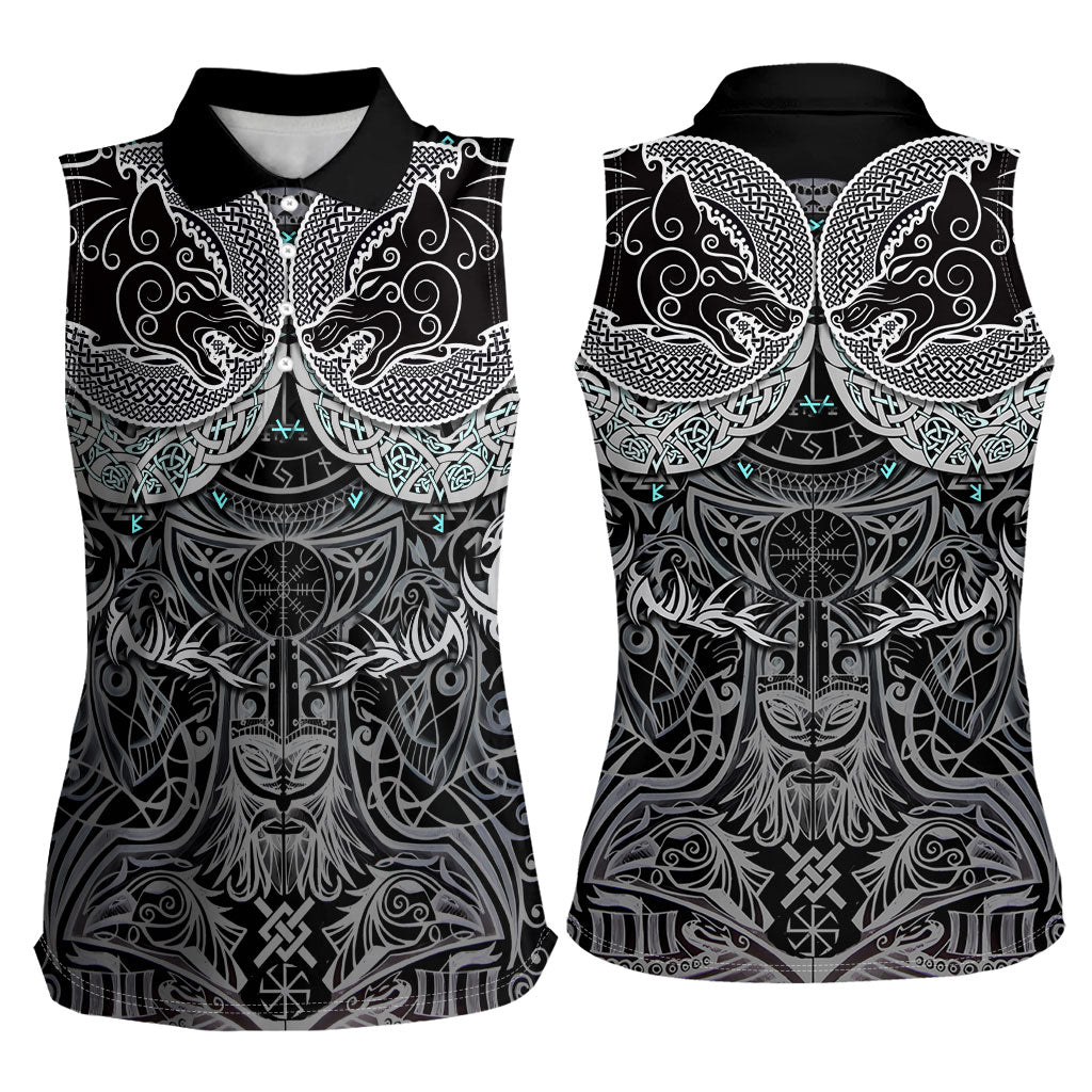 Viking Odin Ravens Wolves Vegvisir Women Sleeveless Polo Shirt Nordic Knotwork Mythology Engraving Style