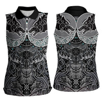 Viking Odin Ravens Wolves Vegvisir Women Sleeveless Polo Shirt Nordic Knotwork Mythology Engraving Style