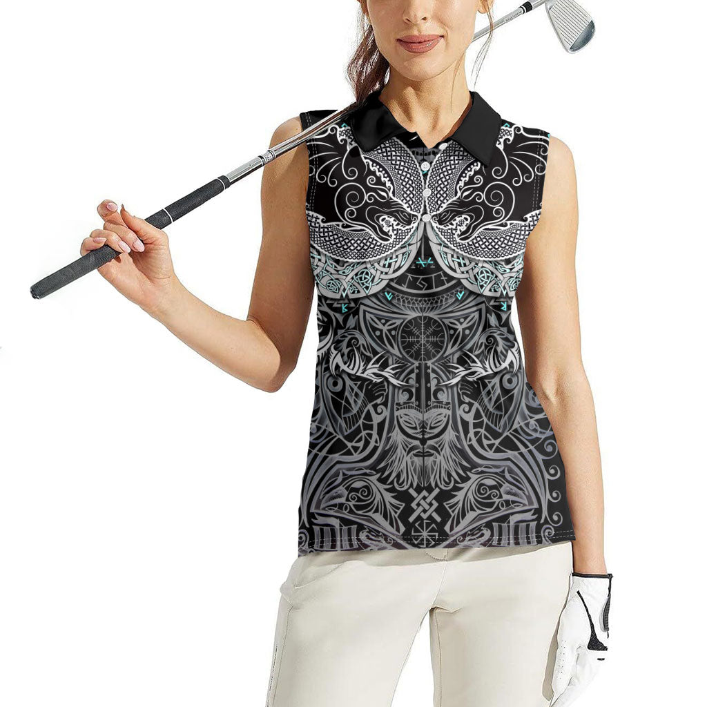 Viking Odin Ravens Wolves Vegvisir Women Sleeveless Polo Shirt Nordic Knotwork Mythology Engraving Style