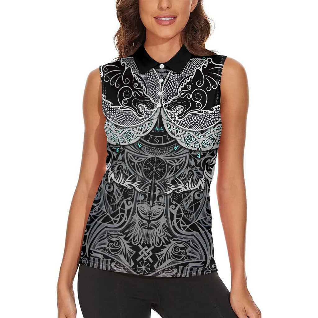 Viking Odin Ravens Wolves Vegvisir Women Sleeveless Polo Shirt Nordic Knotwork Mythology Engraving Style