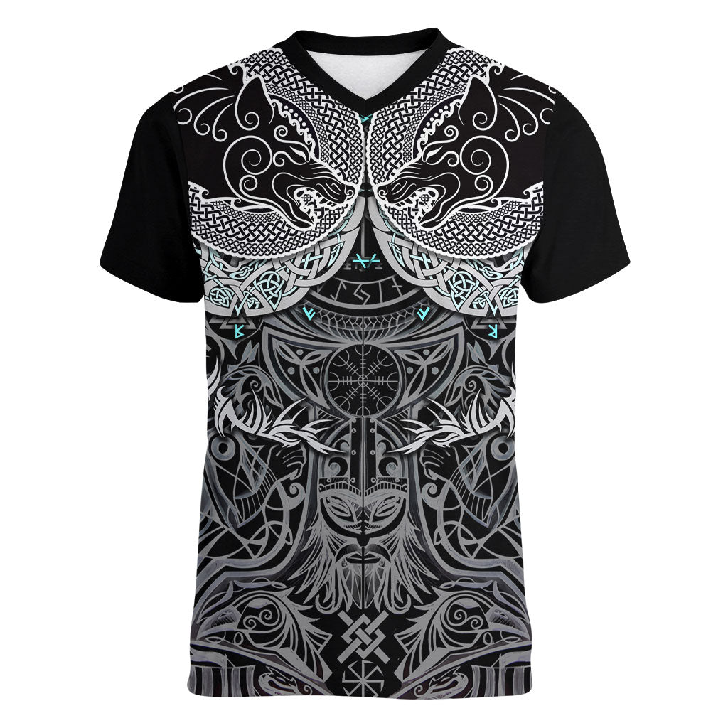 Viking Odin Ravens Wolves Vegvisir Women V-Neck T-Shirt Nordic Knotwork Mythology Engraving Style