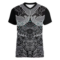Viking Odin Ravens Wolves Vegvisir Women V-Neck T-Shirt Nordic Knotwork Mythology Engraving Style