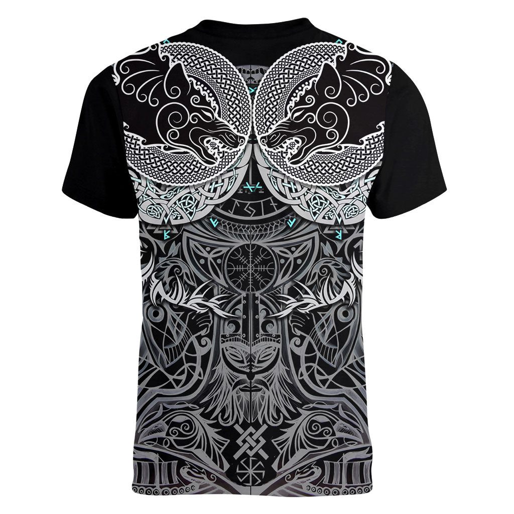 Viking Odin Ravens Wolves Vegvisir Women V-Neck T-Shirt Nordic Knotwork Mythology Engraving Style