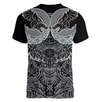 Viking Odin Ravens Wolves Vegvisir Women V-Neck T-Shirt Nordic Knotwork Mythology Engraving Style