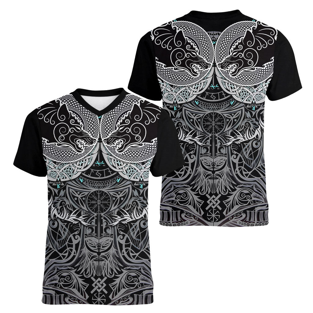 Viking Odin Ravens Wolves Vegvisir Women V-Neck T-Shirt Nordic Knotwork Mythology Engraving Style