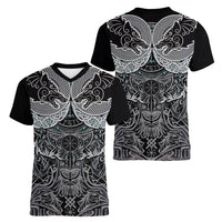 Viking Odin Ravens Wolves Vegvisir Women V-Neck T-Shirt Nordic Knotwork Mythology Engraving Style
