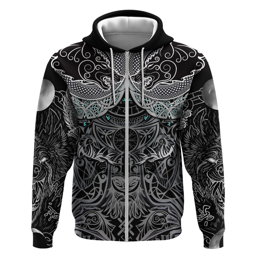 Viking Odin Ravens Wolves Vegvisir Zip Hoodie Nordic Knotwork Mythology Engraving Style