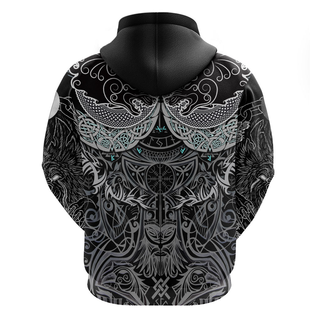 Viking Odin Ravens Wolves Vegvisir Zip Hoodie Nordic Knotwork Mythology Engraving Style