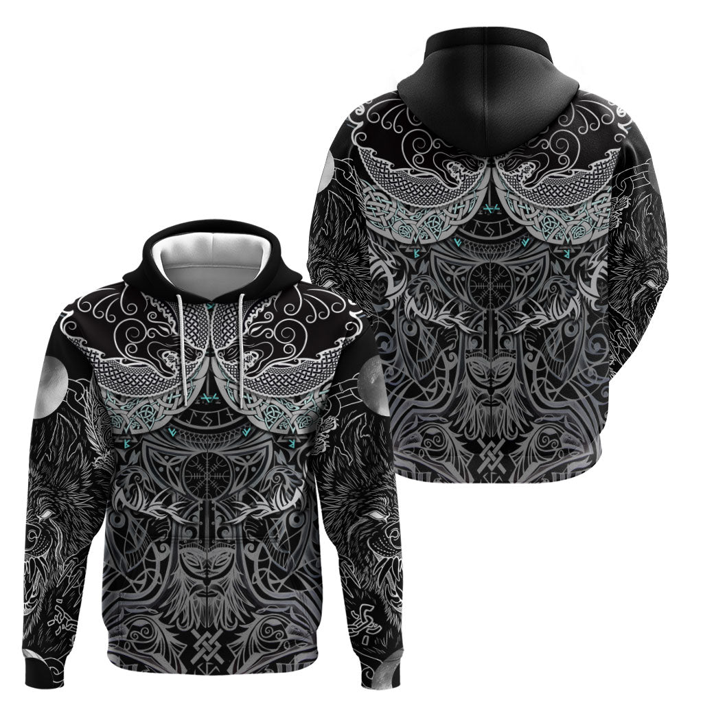 Viking Odin Ravens Wolves Vegvisir Zip Hoodie Nordic Knotwork Mythology Engraving Style