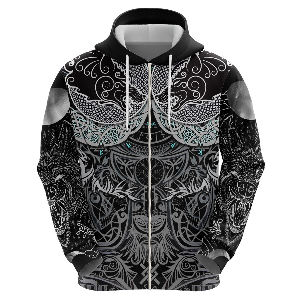 Viking Odin Ravens Wolves Vegvisir Zip Hoodie Nordic Knotwork Mythology Engraving Style