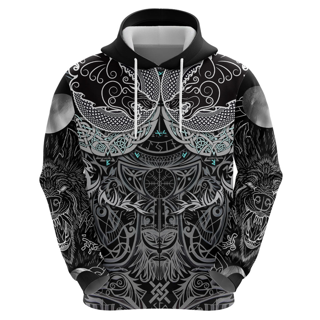 Viking Odin Ravens Wolves Vegvisir Zip Hoodie Nordic Knotwork Mythology Engraving Style