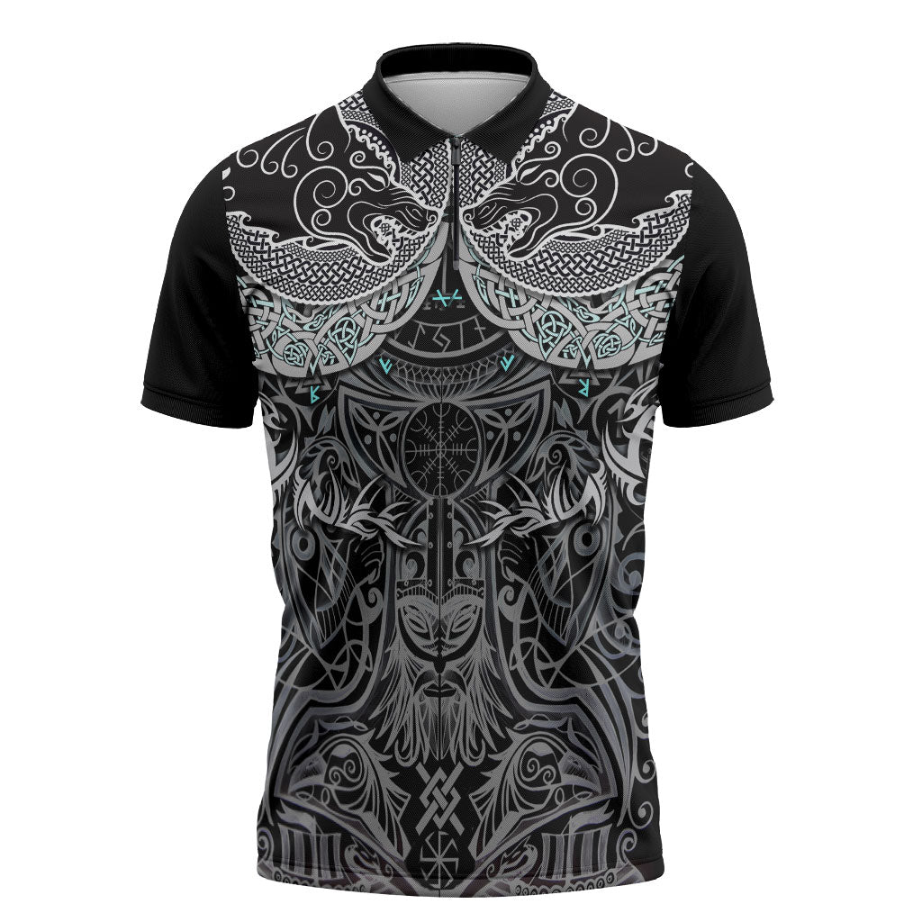 Viking Odin Ravens Wolves Vegvisir Zipper Polo Shirt Nordic Knotwork Mythology Engraving Style