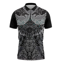 Viking Odin Ravens Wolves Vegvisir Zipper Polo Shirt Nordic Knotwork Mythology Engraving Style