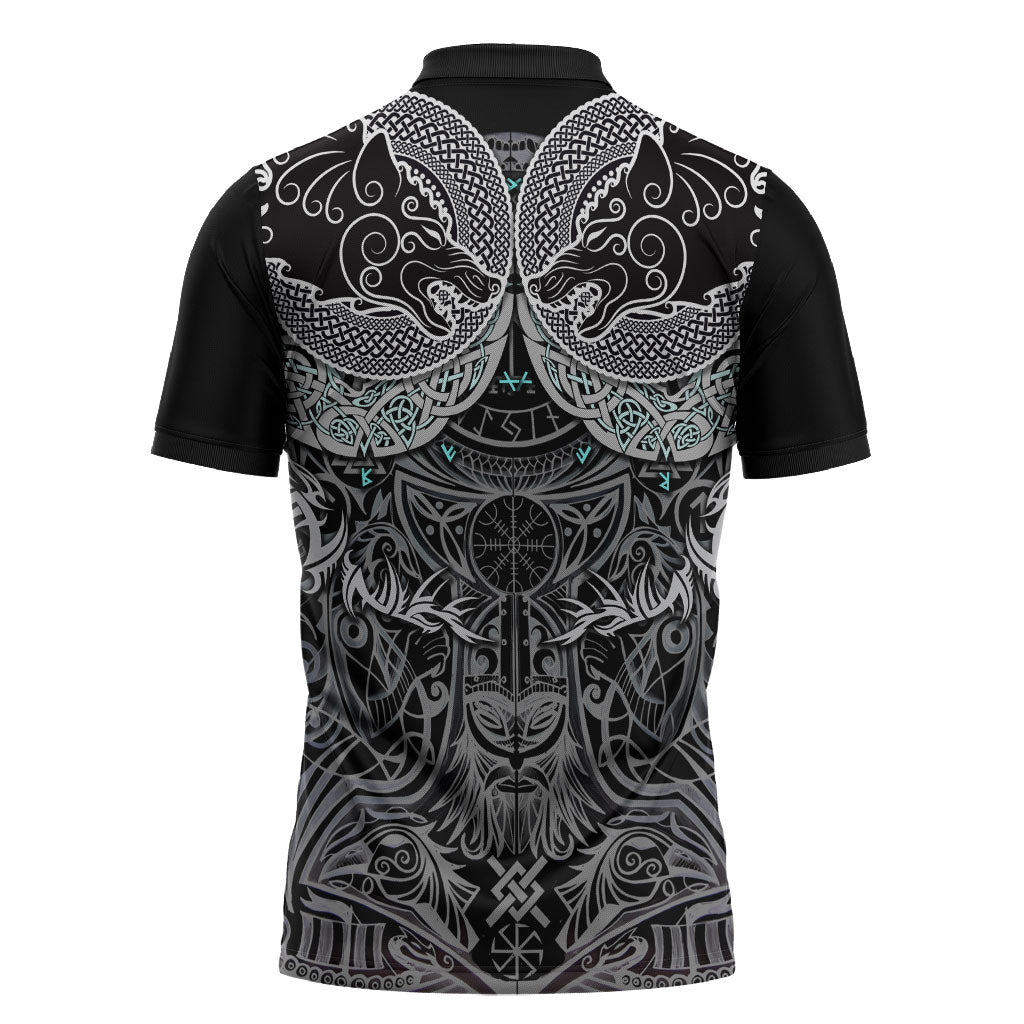 Viking Odin Ravens Wolves Vegvisir Zipper Polo Shirt Nordic Knotwork Mythology Engraving Style