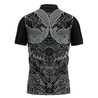 Viking Odin Ravens Wolves Vegvisir Zipper Polo Shirt Nordic Knotwork Mythology Engraving Style