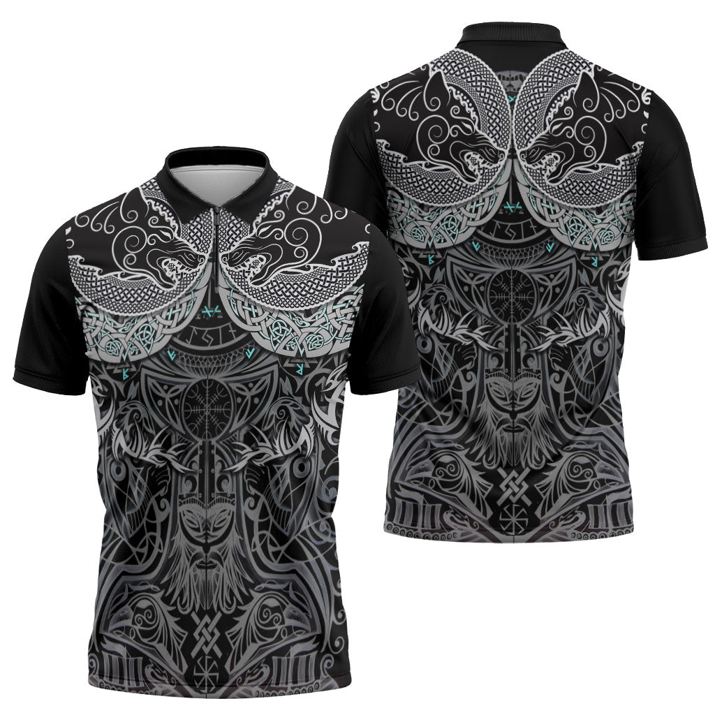 Viking Odin Ravens Wolves Vegvisir Zipper Polo Shirt Nordic Knotwork Mythology Engraving Style