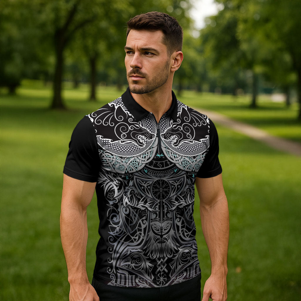 Viking Odin Ravens Wolves Vegvisir Zipper Polo Shirt Nordic Knotwork Mythology Engraving Style