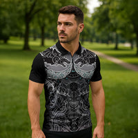 Viking Odin Ravens Wolves Vegvisir Zipper Polo Shirt Nordic Knotwork Mythology Engraving Style