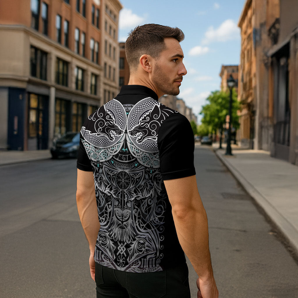 Viking Odin Ravens Wolves Vegvisir Zipper Polo Shirt Nordic Knotwork Mythology Engraving Style