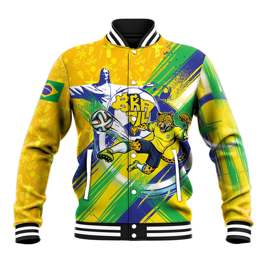 Personalized Brazil Soccer Football Jaguar Baseball Jacket Christ The Redeeme - Soccer Mascot With Carnival Vibes