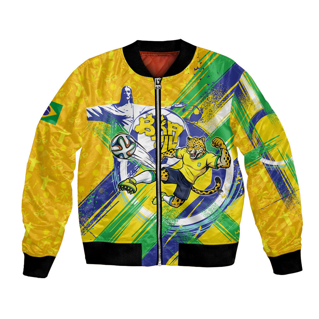 Personalized Brazil Soccer Football Jaguar Bomber Jacket Christ The Redeeme - Soccer Mascot With Carnival Vibes