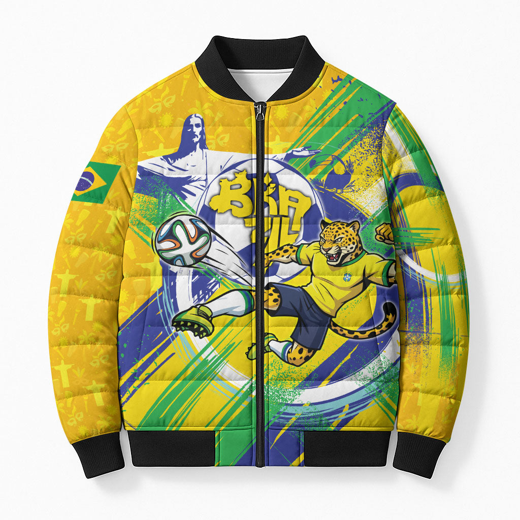 Personalized Brazil Soccer Football Jaguar Bomber Puffer Jacket Christ The Redeeme - Soccer Mascot With Carnival Vibes