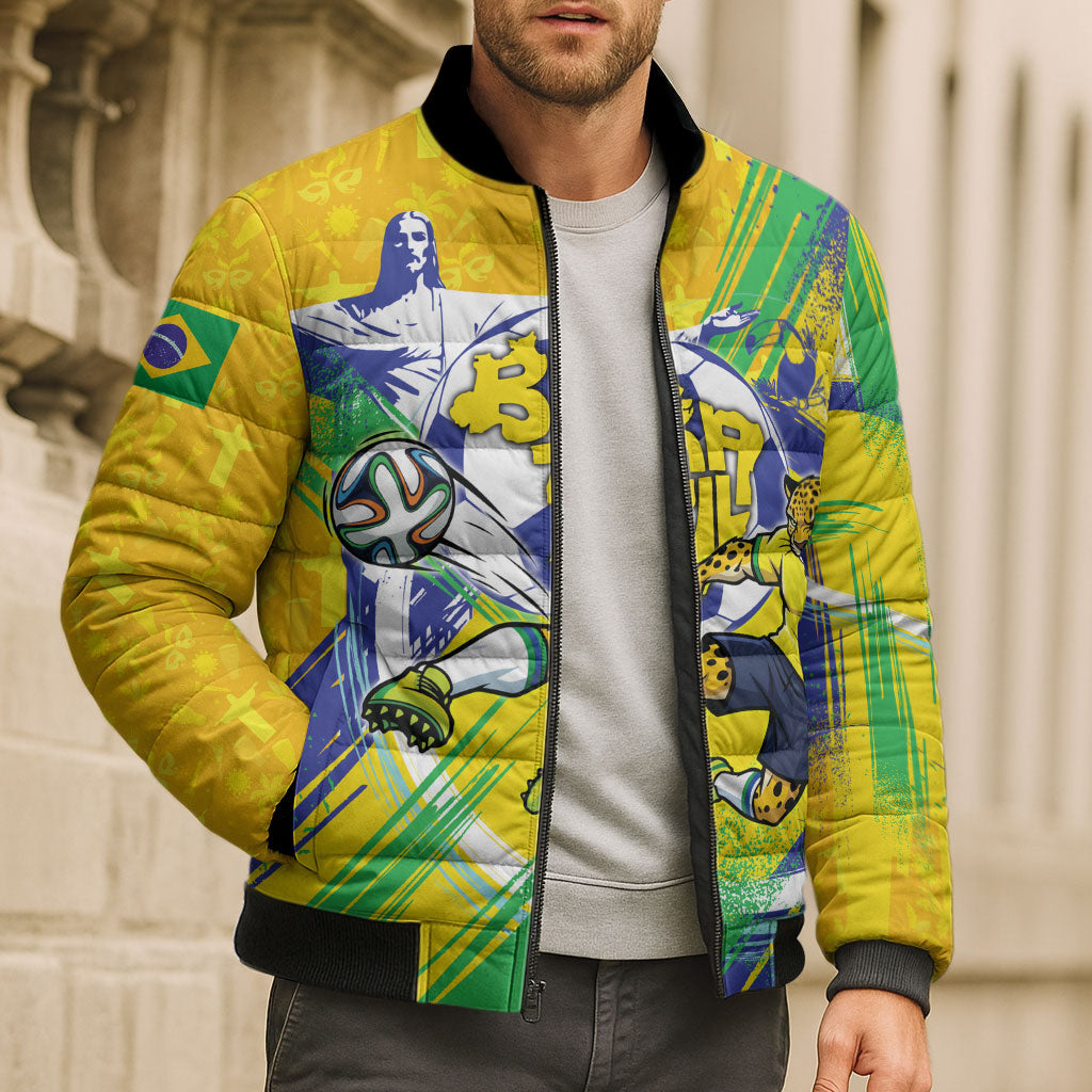 Personalized Brazil Soccer Football Jaguar Bomber Puffer Jacket Christ The Redeeme - Soccer Mascot With Carnival Vibes