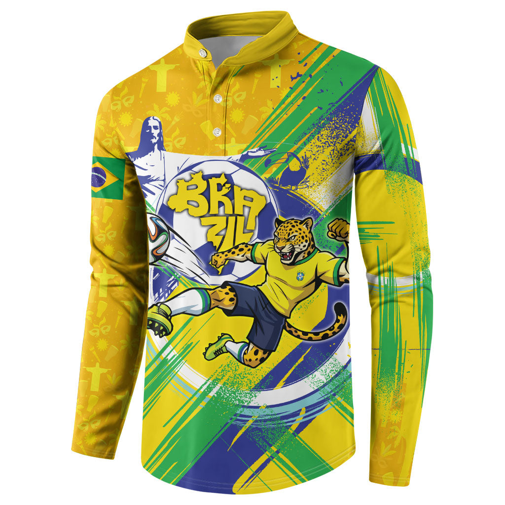 Personalized Brazil Soccer Football Jaguar Button Sweatshirt Christ The Redeeme - Soccer Mascot With Carnival Vibes