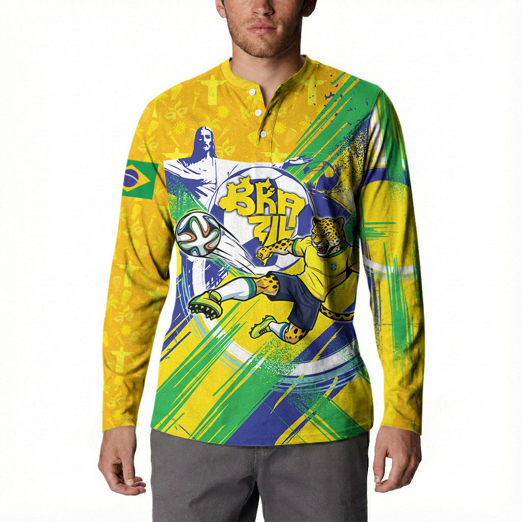 Personalized Brazil Soccer Football Jaguar Button Sweatshirt Christ The Redeeme - Soccer Mascot With Carnival Vibes