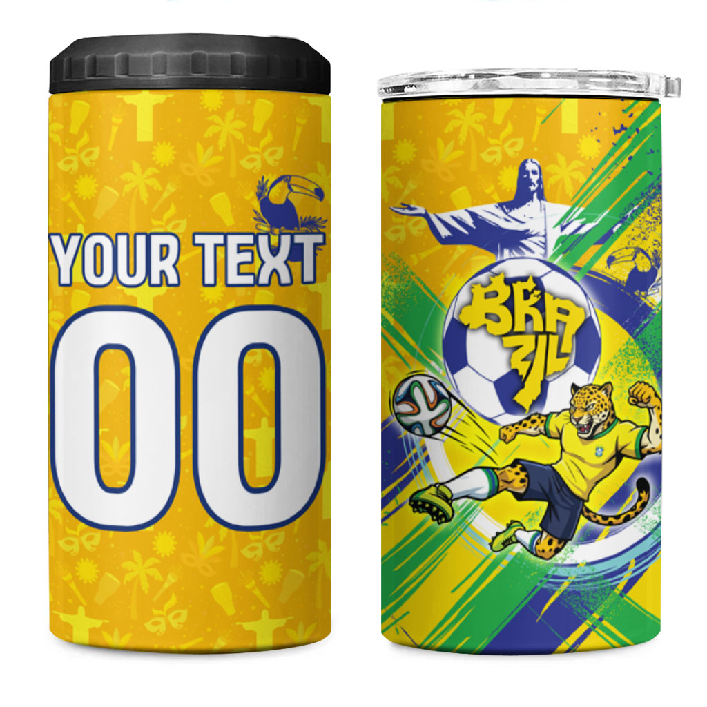 Personalized Brazil Soccer Football Jaguar 4 in 1 Can Cooler Tumbler Christ The Redeeme - Soccer Mascot With Carnival Vibes