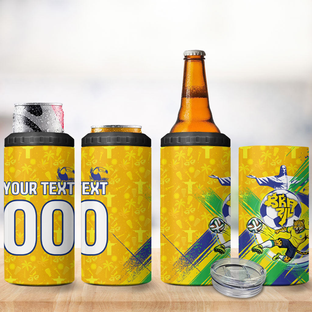 Personalized Brazil Soccer Football Jaguar 4 in 1 Can Cooler Tumbler Christ The Redeeme - Soccer Mascot With Carnival Vibes