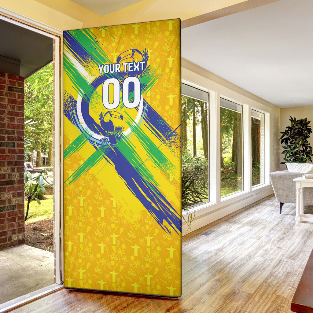 Personalized Brazil Soccer Football Jaguar Door Cover Christ The Redeeme - Soccer Mascot With Carnival Vibes