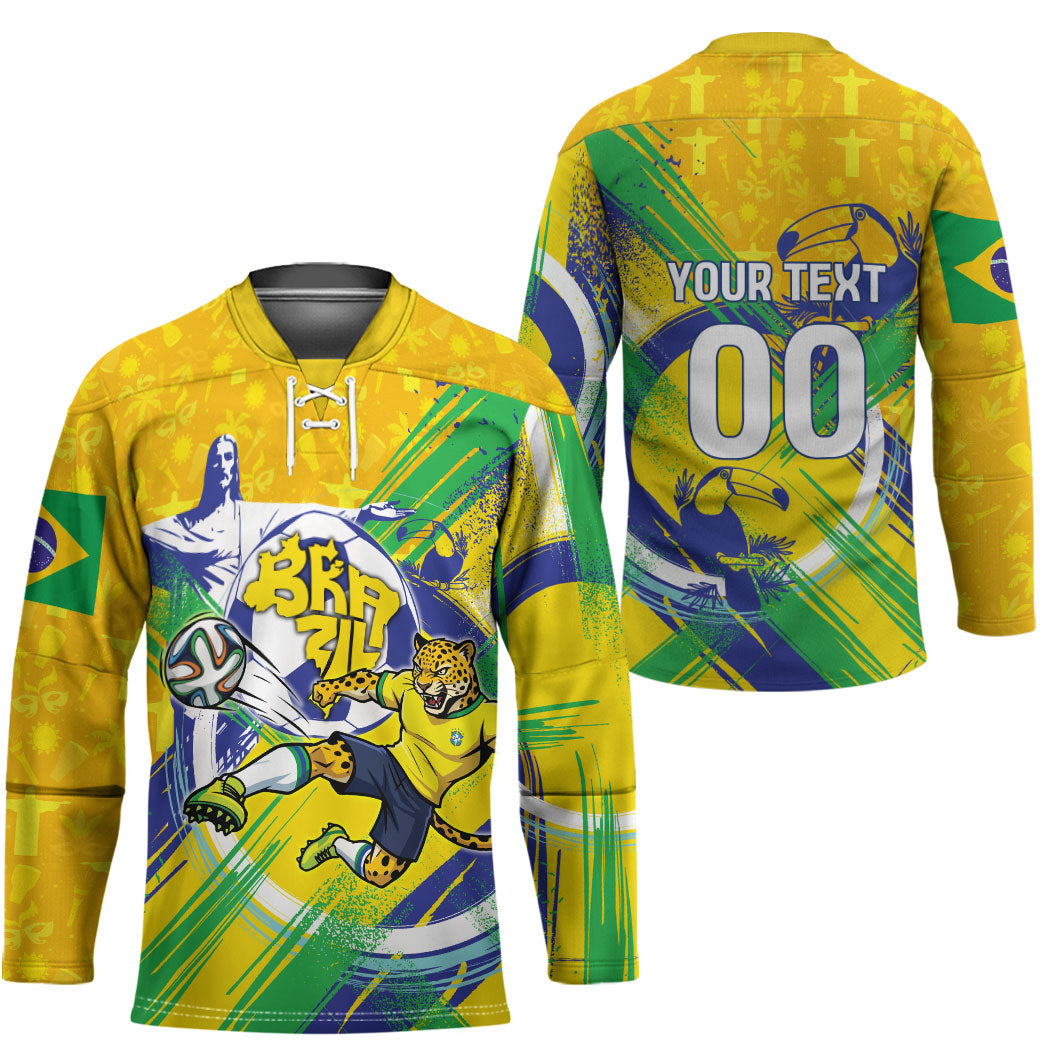 Personalized Brazil Soccer Football Jaguar Hockey Jersey Christ The Redeeme - Soccer Mascot With Carnival Vibes