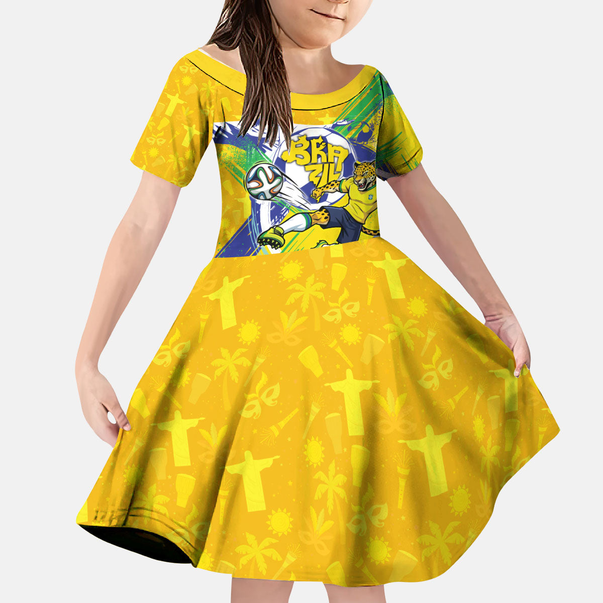 Personalized Brazil Soccer Football Jaguar Kid Short Sleeve Dress Christ The Redeeme - Soccer Mascot With Carnival Vibes
