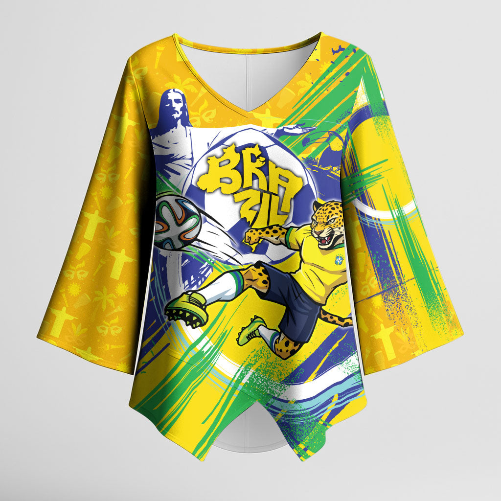 Personalized Brazil Soccer Football Jaguar Kimono Sleeve Blouse Christ The Redeeme - Soccer Mascot With Carnival Vibes