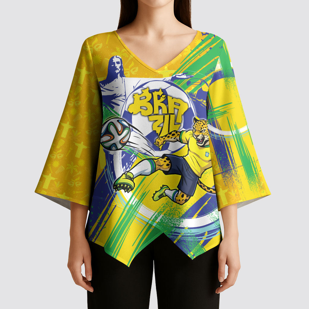 Personalized Brazil Soccer Football Jaguar Kimono Sleeve Blouse Christ The Redeeme - Soccer Mascot With Carnival Vibes