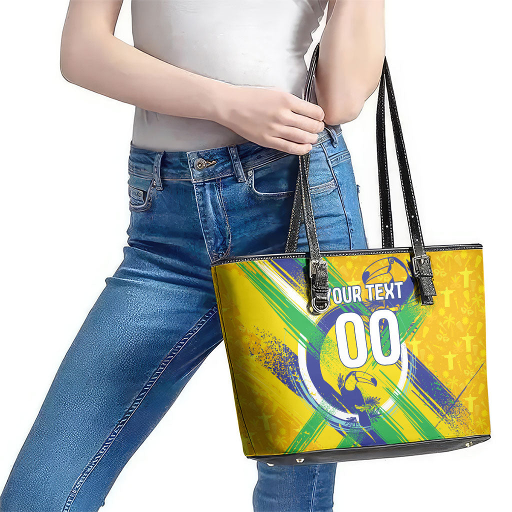 Personalized Brazil Soccer Football Jaguar Leather Tote Bag Christ The Redeeme - Soccer Mascot With Carnival Vibes