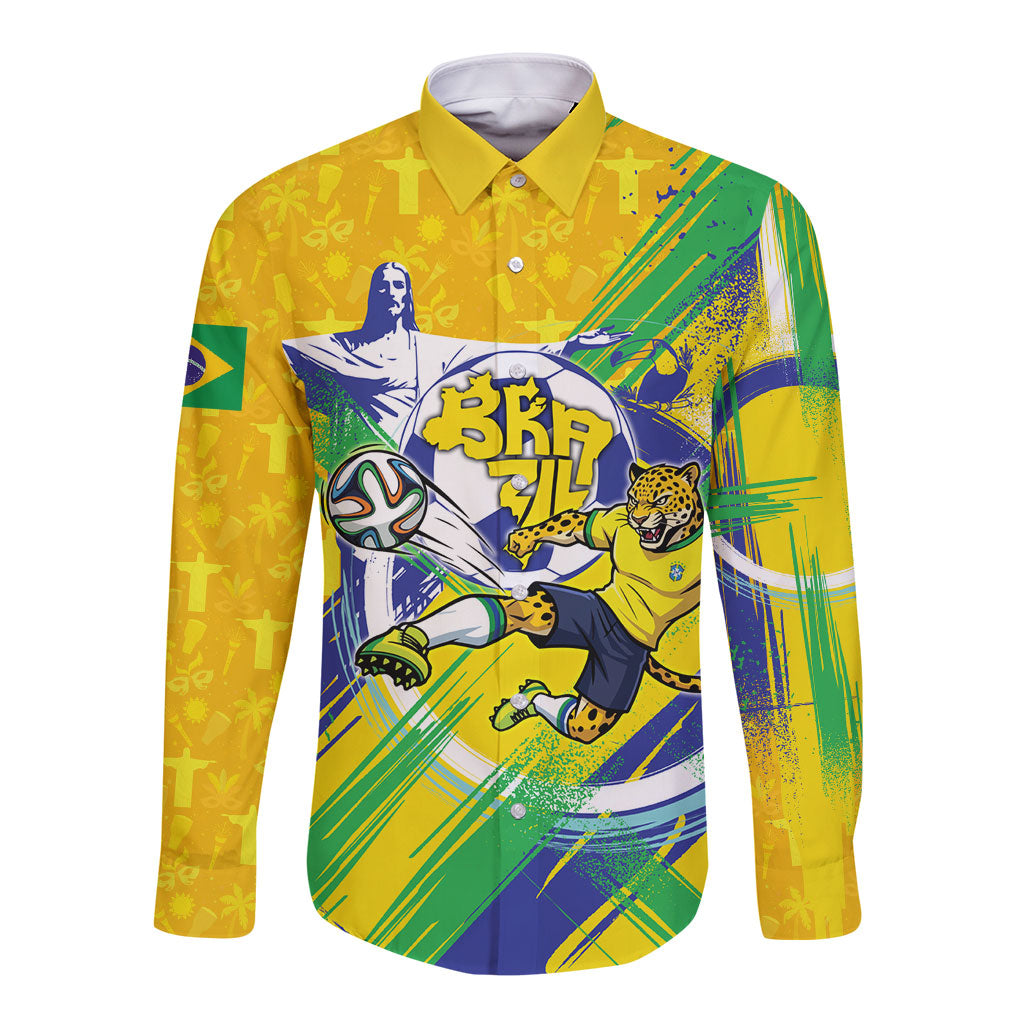 Personalized Brazil Soccer Football Jaguar Long Sleeve Button Shirt Christ The Redeeme - Soccer Mascot With Carnival Vibes