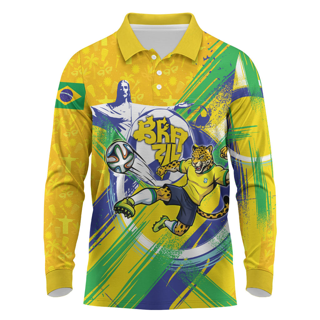 Personalized Brazil Soccer Football Jaguar Long Sleeve Polo Shirt Christ The Redeeme - Soccer Mascot With Carnival Vibes