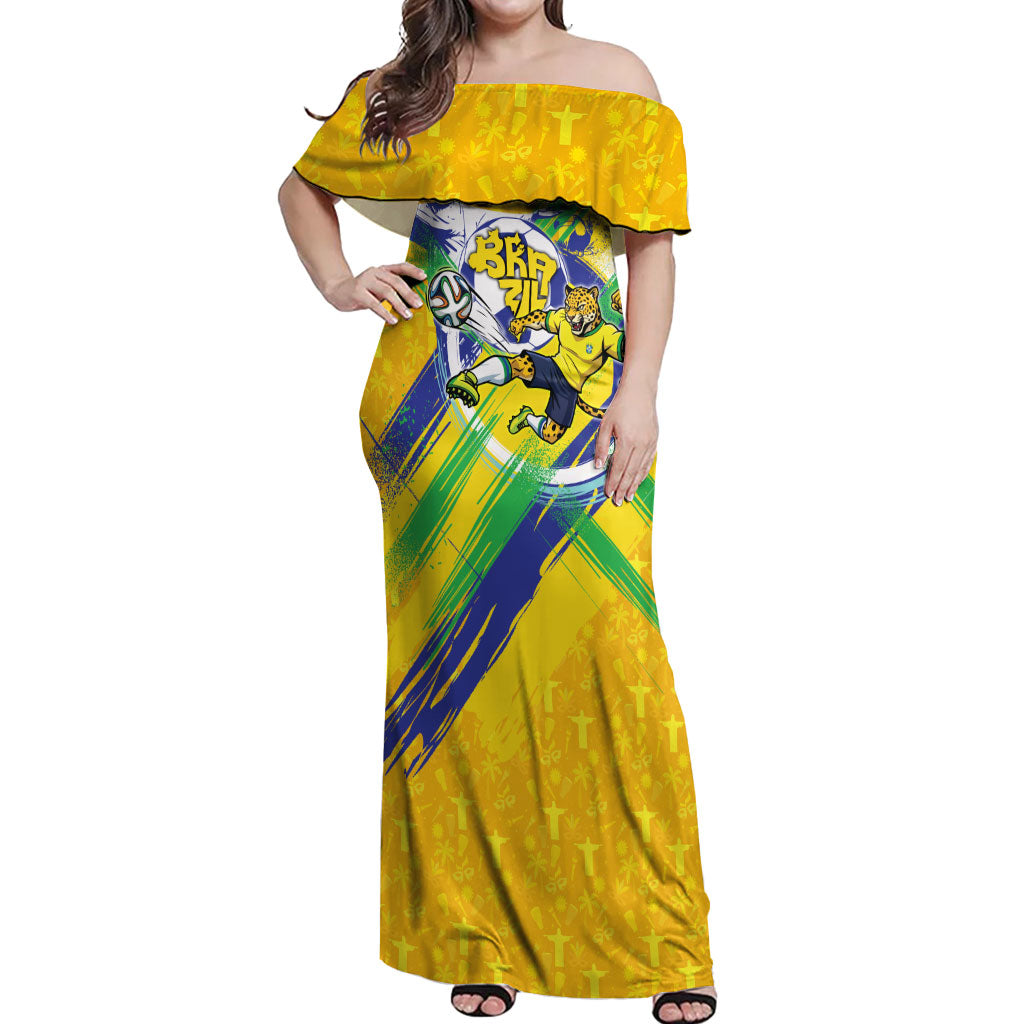 Personalized Brazil Soccer Football Jaguar Off Shoulder Maxi Dress Christ The Redeeme - Soccer Mascot With Carnival Vibes