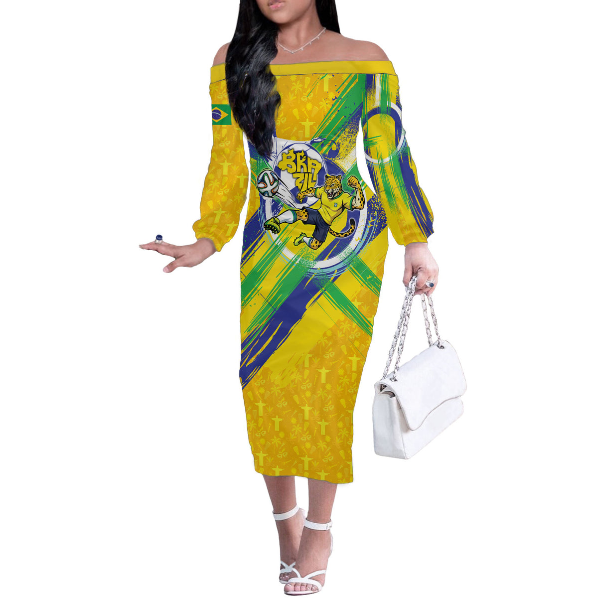 Personalized Brazil Soccer Football Jaguar Off The Shoulder Long Sleeve Dress Christ The Redeeme - Soccer Mascot With Carnival Vibes